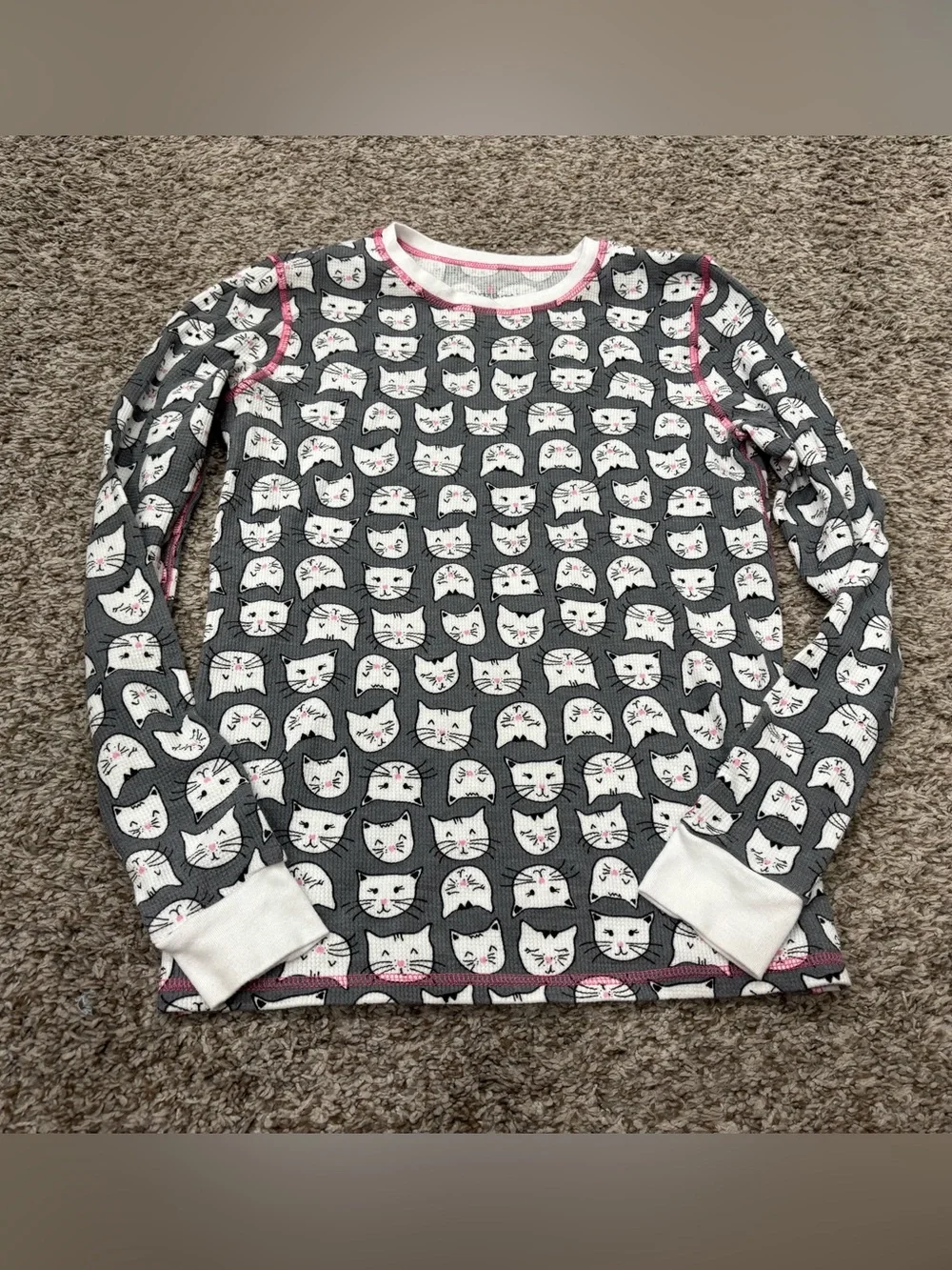 Girls Gray XL Cuddl Duds Long Thermal Underwear Cat Print Set with Pink Accents